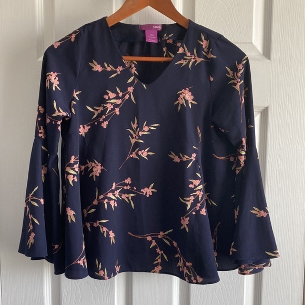Aqua Blue Floral Print Bell Sleeve Top Large Women’s